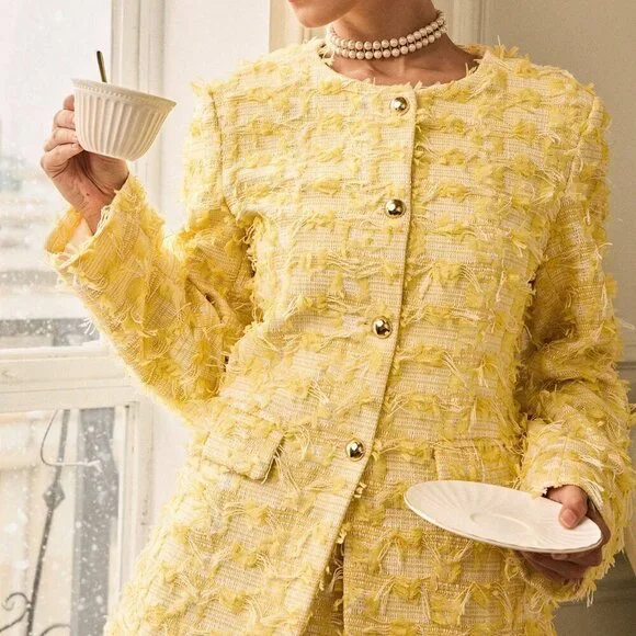 Multicolor Casual Women's Round Neck Long Sleeve Jacquard Jacket And Skirt Set - Picture 6 of 7